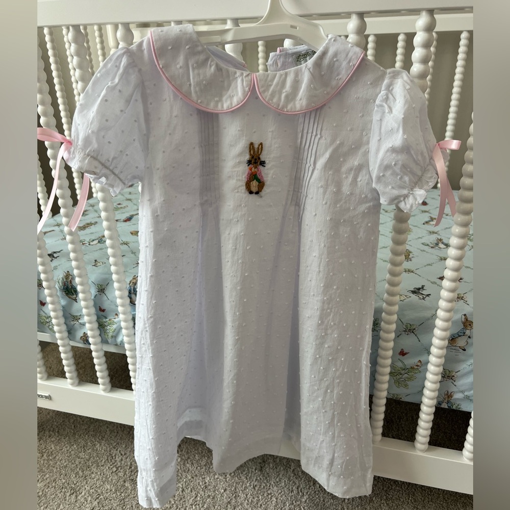White Peter Pan Collar Kids Dress with Pink Trim and Bunny Motif